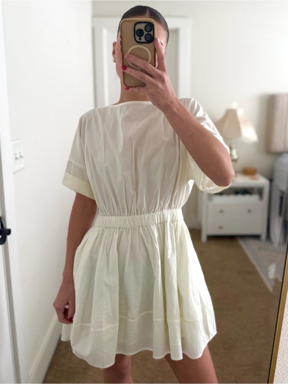 Free People Cream Short Sleeve Elastic Waist Mini Dress